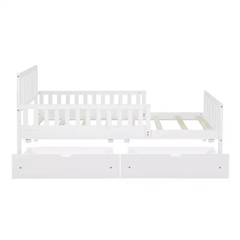 Twin Wood Platform Bed with Guardrails and 2 Storage Drawers, White