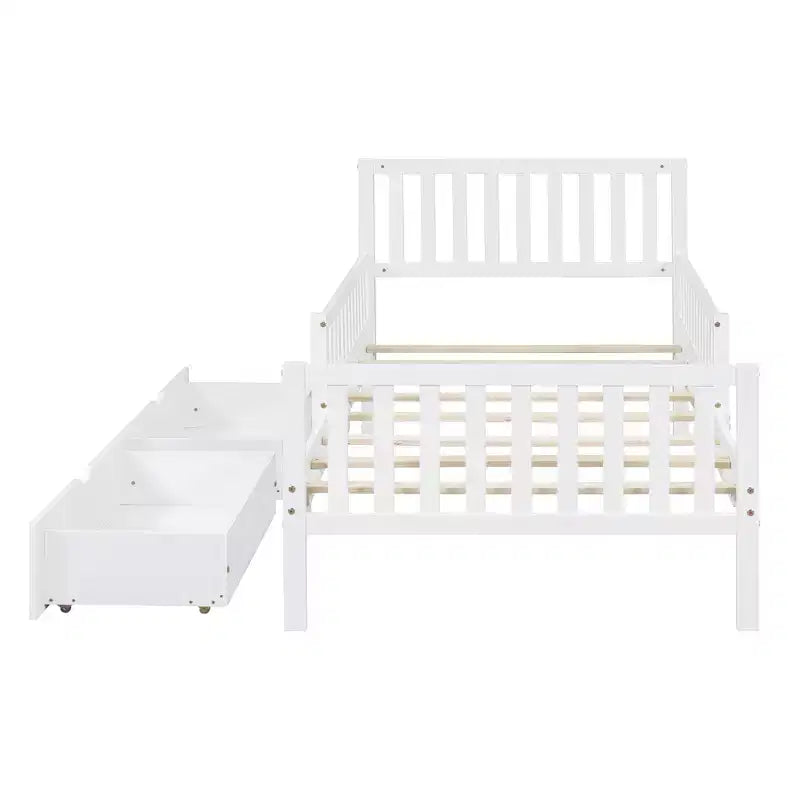Twin Wood Platform Bed with Guardrails and 2 Storage Drawers, White