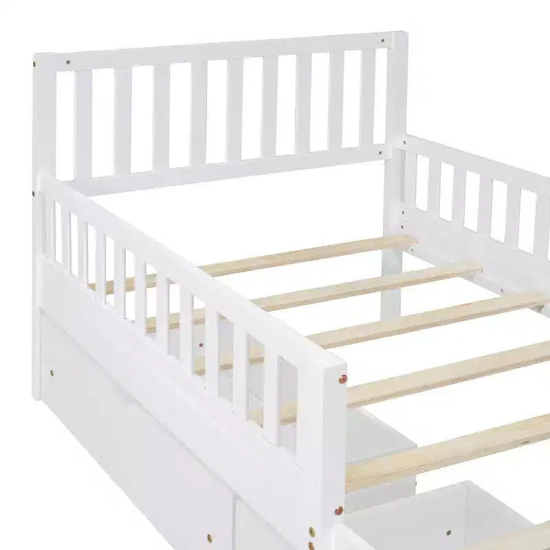 Twin Wood Platform Bed with Guardrails and 2 Storage Drawers, White