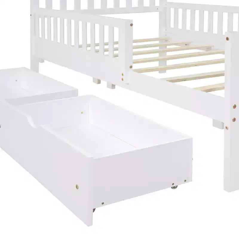 Twin Wood Platform Bed with Guardrails and 2 Storage Drawers, White
