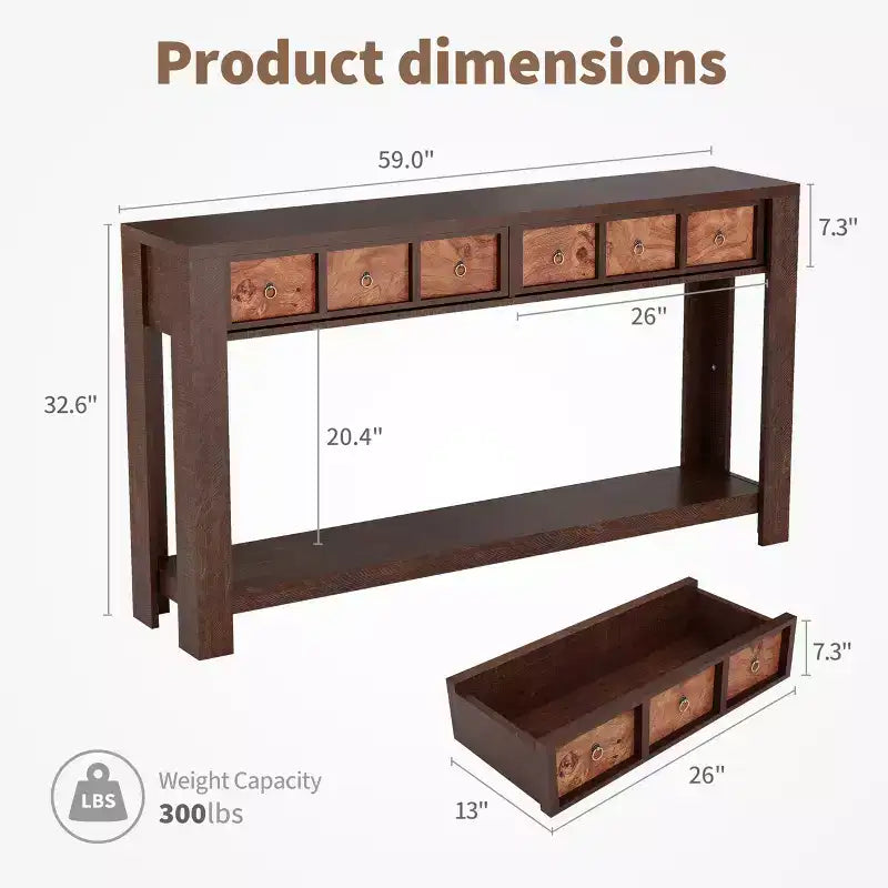 54 Rustic Farmhouse Console Table for Entryway, Long Wooden Sofa Table with 2 Storage Drawers & Open Display Shelf for Hallway & Living Room