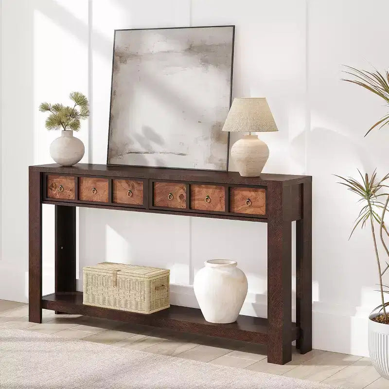 54 Rustic Farmhouse Console Table for Entryway, Long Wooden Sofa Table with 2 Storage Drawers & Open Display Shelf for Hallway & Living Room