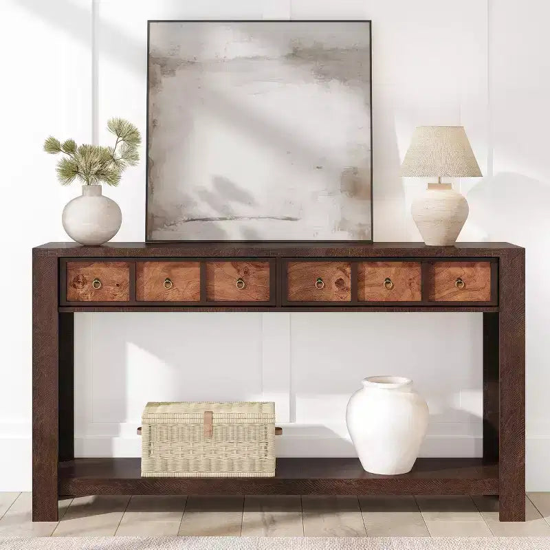 54 Rustic Farmhouse Console Table for Entryway, Long Wooden Sofa Table with 2 Storage Drawers & Open Display Shelf for Hallway & Living Room