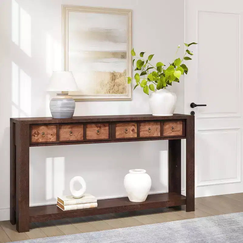 54 Rustic Farmhouse Console Table for Entryway, Long Wooden Sofa Table with 2 Storage Drawers & Open Display Shelf for Hallway & Living Room