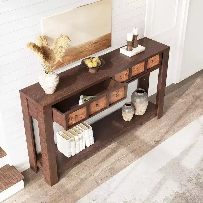 54 Rustic Farmhouse Console Table for Entryway, Long Wooden Sofa Table with 2 Storage Drawers & Open Display Shelf for Hallway & Living Room