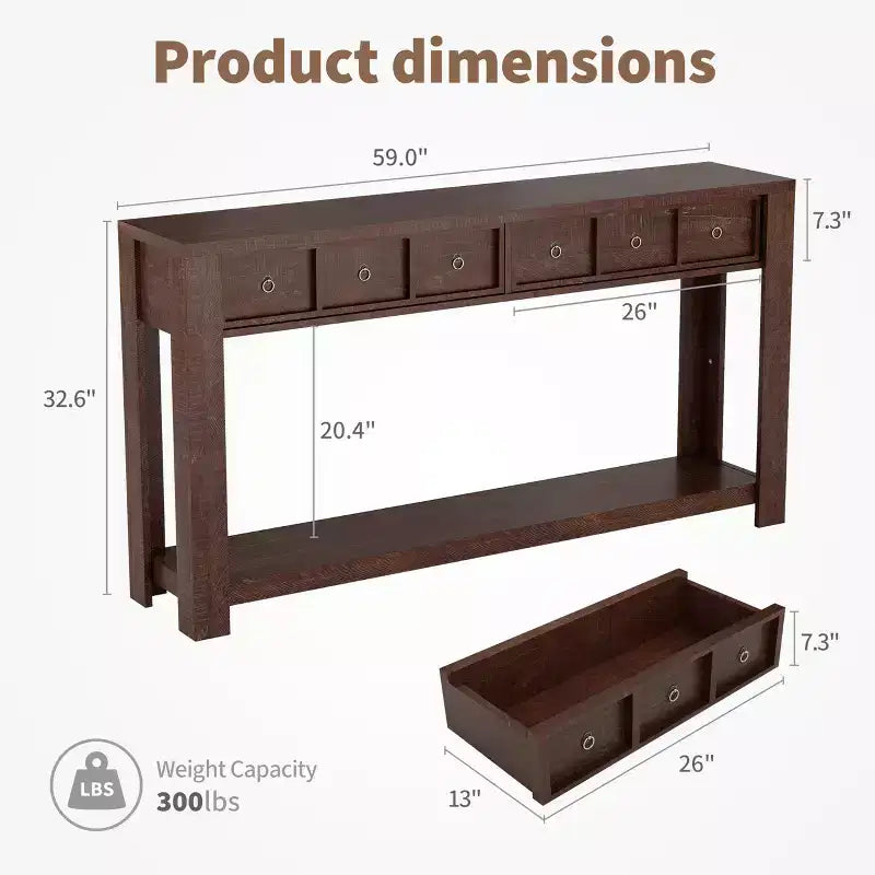 54 Rustic Farmhouse Console Table for Entryway, Long Wooden Sofa Table with 2 Storage Drawers & Open Display Shelf for Hallway & Living Room