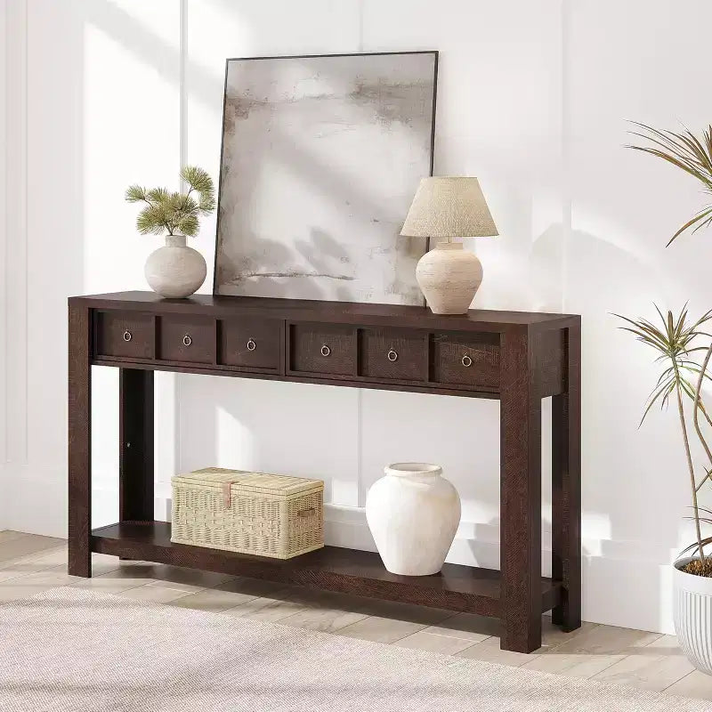 54 Rustic Farmhouse Console Table for Entryway, Long Wooden Sofa Table with 2 Storage Drawers & Open Display Shelf for Hallway & Living Room