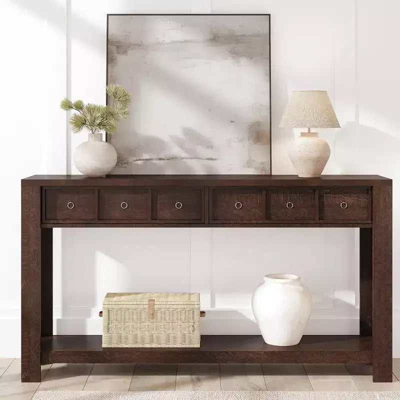 54 Rustic Farmhouse Console Table for Entryway, Long Wooden Sofa Table with 2 Storage Drawers & Open Display Shelf for Hallway & Living Room