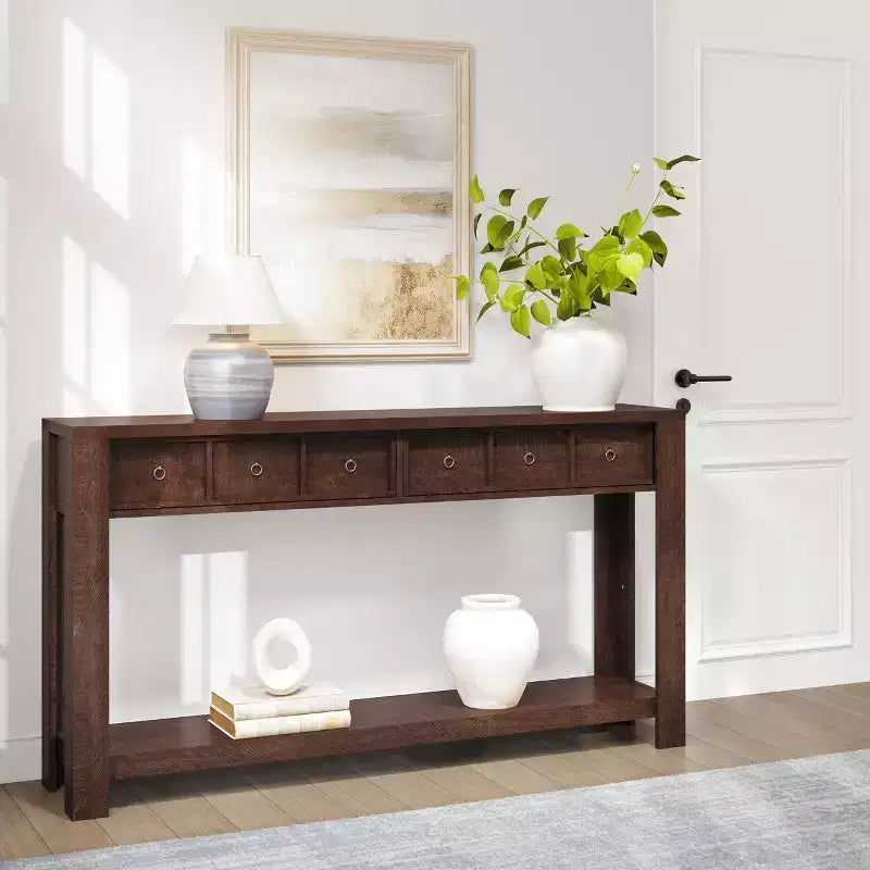 54 Rustic Farmhouse Console Table for Entryway, Long Wooden Sofa Table with 2 Storage Drawers & Open Display Shelf for Hallway & Living Room