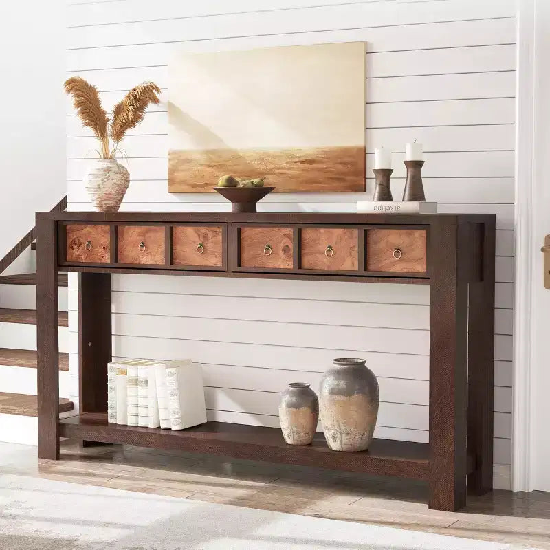 54 Rustic Farmhouse Console Table for Entryway, Long Wooden Sofa Table with 2 Storage Drawers & Open Display Shelf for Hallway & Living Room