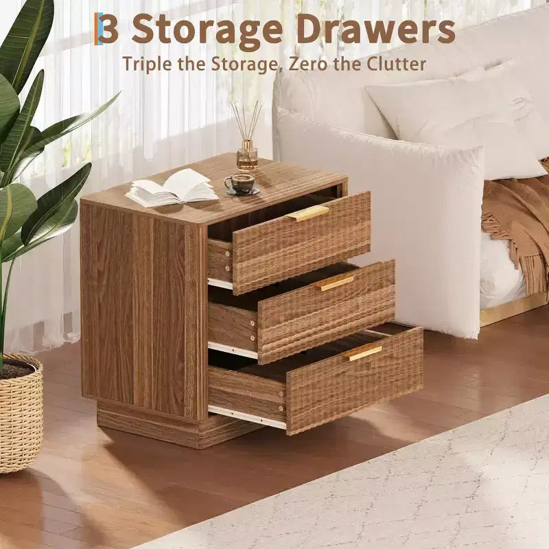 Fluted Wood Nightstand with 3 Large Drawers, Mid-Century Modern Bedside Table, Freestanding Storage End Table for Bedroom & Living Room