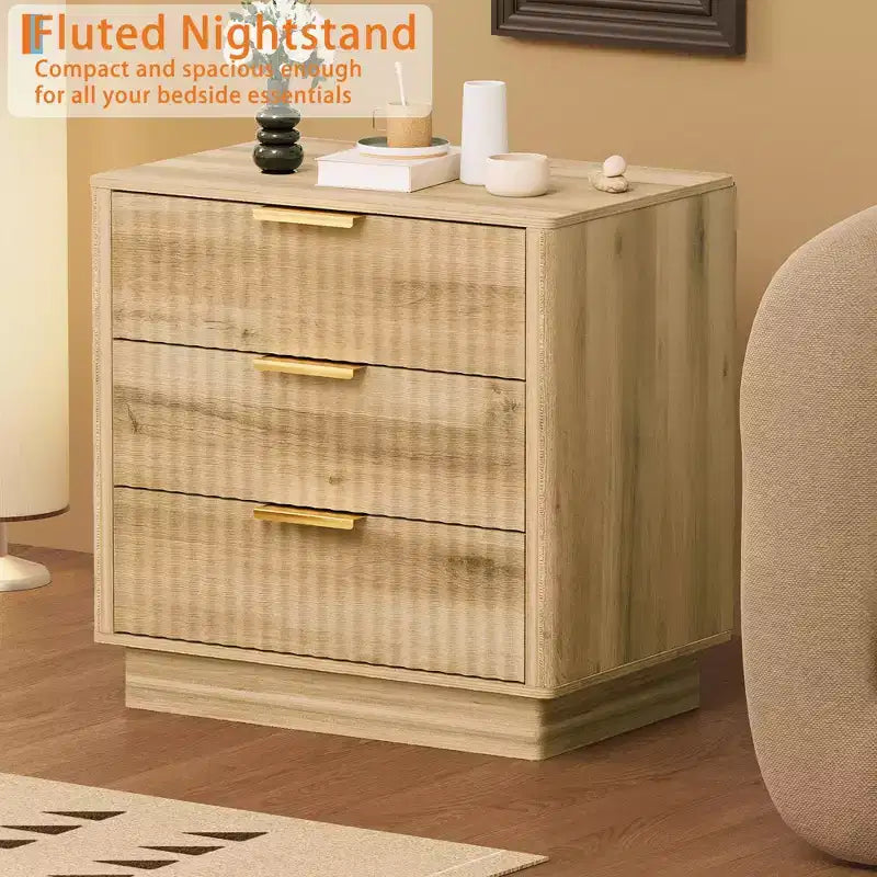 Fluted Wood Nightstand with 3 Large Drawers, Mid-Century Modern Bedside Table, Freestanding Storage End Table for Bedroom & Living Room