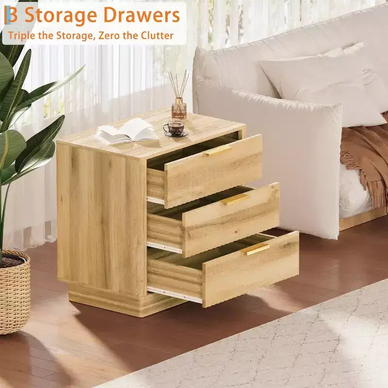 Fluted Wood Nightstand with 3 Large Drawers, Mid-Century Modern Bedside Table, Freestanding Storage End Table for Bedroom & Living Room