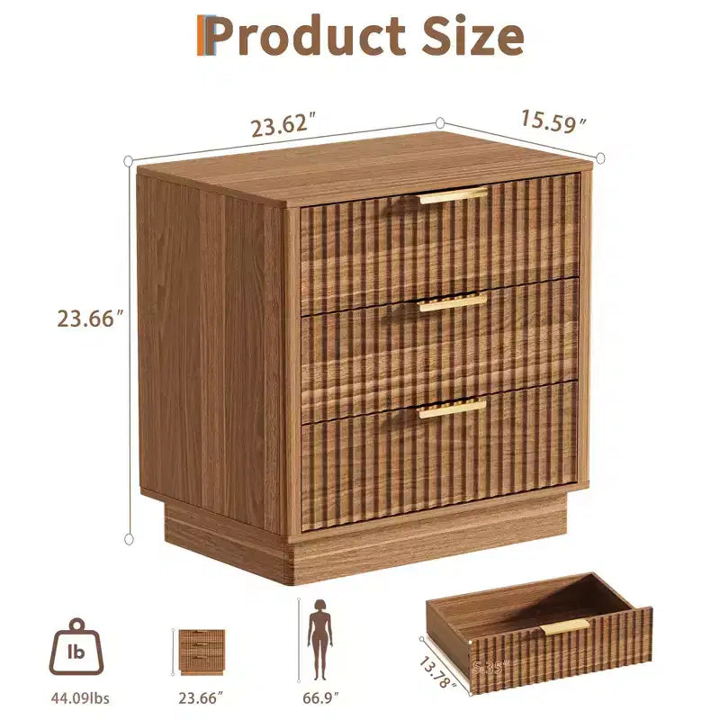 Fluted Wood Nightstand with 3 Large Drawers, Mid-Century Modern Bedside Table, Freestanding Storage End Table for Bedroom & Living Room