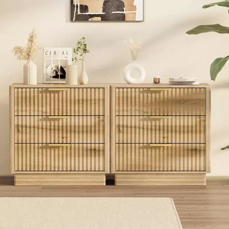 Fluted Wood Nightstand with 3 Large Drawers, Mid-Century Modern Bedside Table, Freestanding Storage End Table for Bedroom & Living Room
