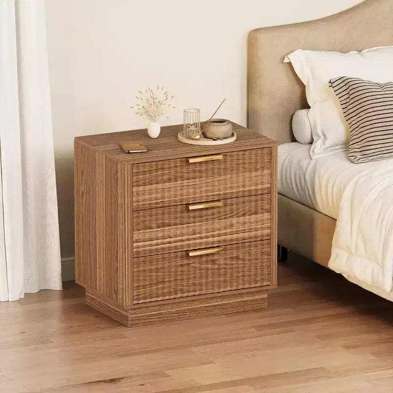 Fluted Wood Nightstand with 3 Large Drawers, Mid-Century Modern Bedside Table, Freestanding Storage End Table for Bedroom & Living Room