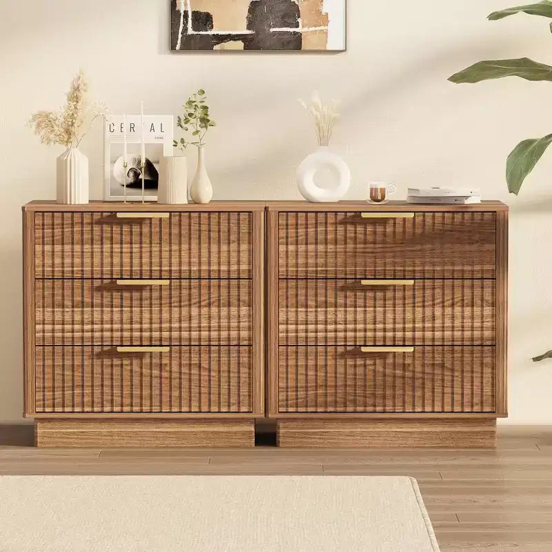 Fluted Wood Nightstand with 3 Large Drawers, Mid-Century Modern Bedside Table, Freestanding Storage End Table for Bedroom & Living Room