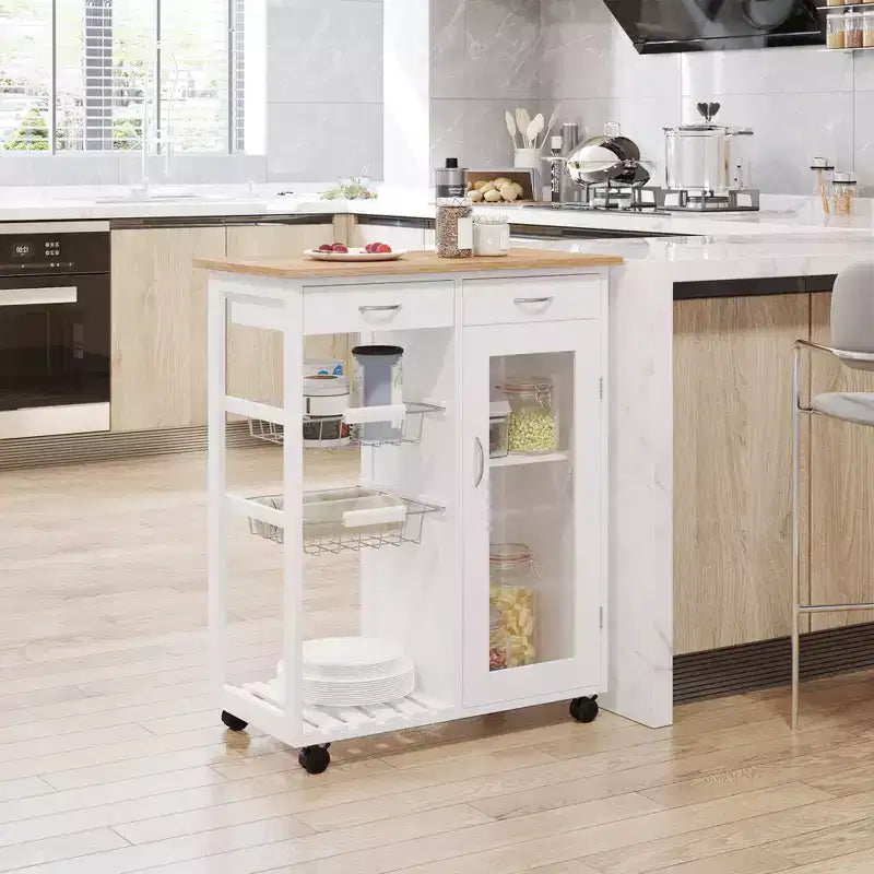 HOMCOM 28 Rolling Kitchen Trolley Serving Cart Storage Cabinet Bamboo Top with Wire Basket & Door Cabinet & Drawers, White