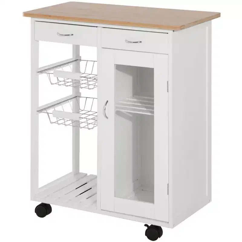 HOMCOM 28 Rolling Kitchen Trolley Serving Cart Storage Cabinet Bamboo Top with Wire Basket & Door Cabinet & Drawers, White