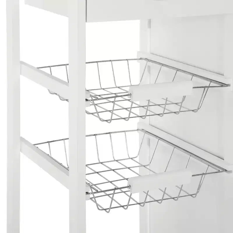HOMCOM 28 Rolling Kitchen Trolley Serving Cart Storage Cabinet Bamboo Top with Wire Basket & Door Cabinet & Drawers, White