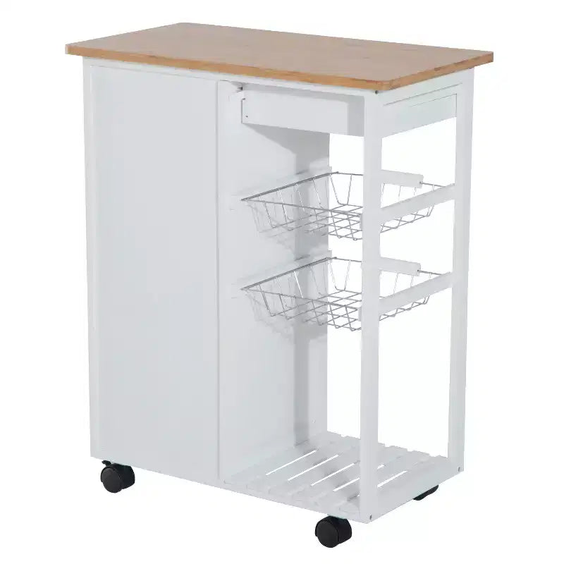 HOMCOM 28 Rolling Kitchen Trolley Serving Cart Storage Cabinet Bamboo Top with Wire Basket & Door Cabinet & Drawers, White
